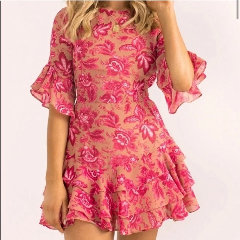 Sundae Muse Pink Floral Ruffle Bell Sleeve Mini Christy Dress Size US Sm… - Picture 2 of 11